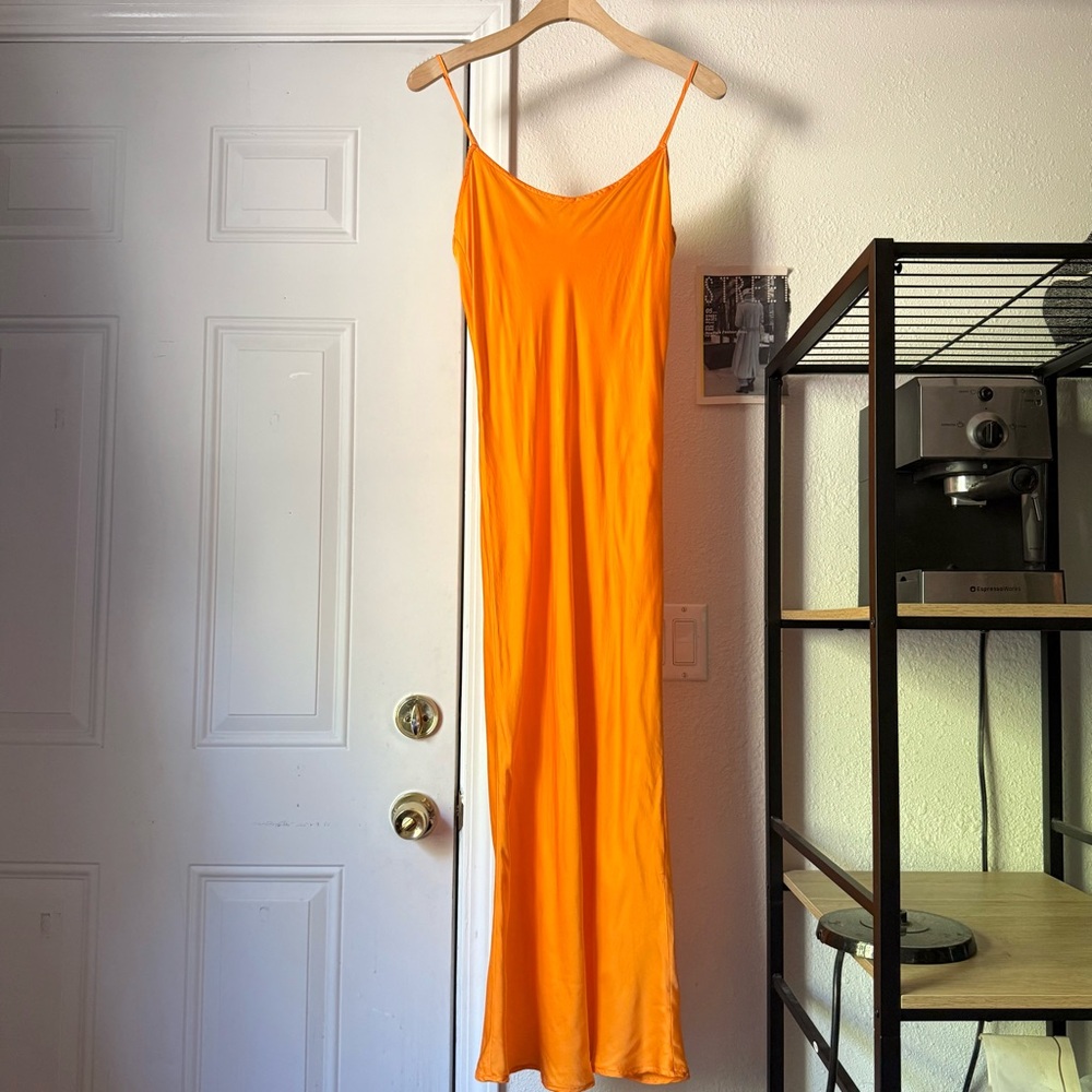 TAN LINES Orange rayon satin bias slip midi draped sleeveless dress